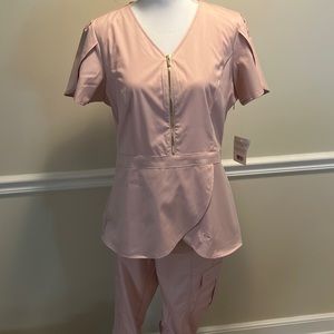Jaanuu Blushing Pink Gold zip tulip top with Gold zip cargo jogger